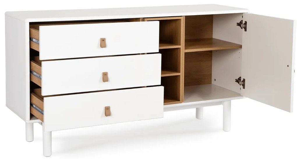 Komoda do Salonu CASTILLO 140 cm Biała z Szufladami i Półkami Skandynawska