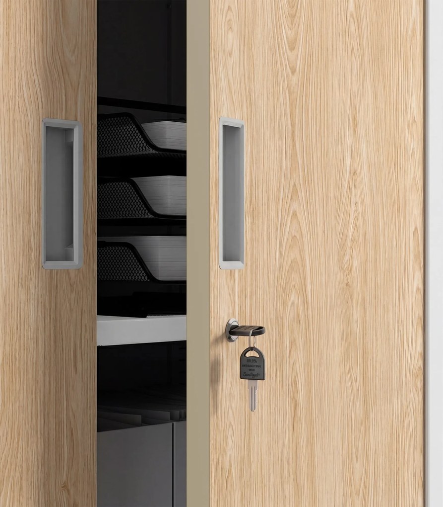 Biurowa szafa metalowa z sejfem biała / dąb sonoma: Eco Design FILIP II, 900 x 1850 x 400 mm