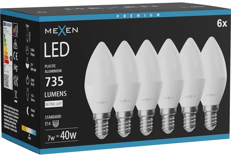 Mexen Nova 6x żarówka LED E14, C37, 7W, Neutralna - 4000K, 735 lm - L102-E14-0740-01x06