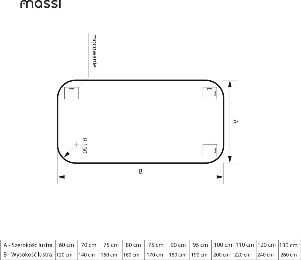Lustro prostokątne bez ramy oszlifowane obracalne bez podświetlenia ROUND | Różne rozmiary | Różne kolory szkła : Kolor tafli szkła - Grafit, Rozmiar - 130 x 260 cm