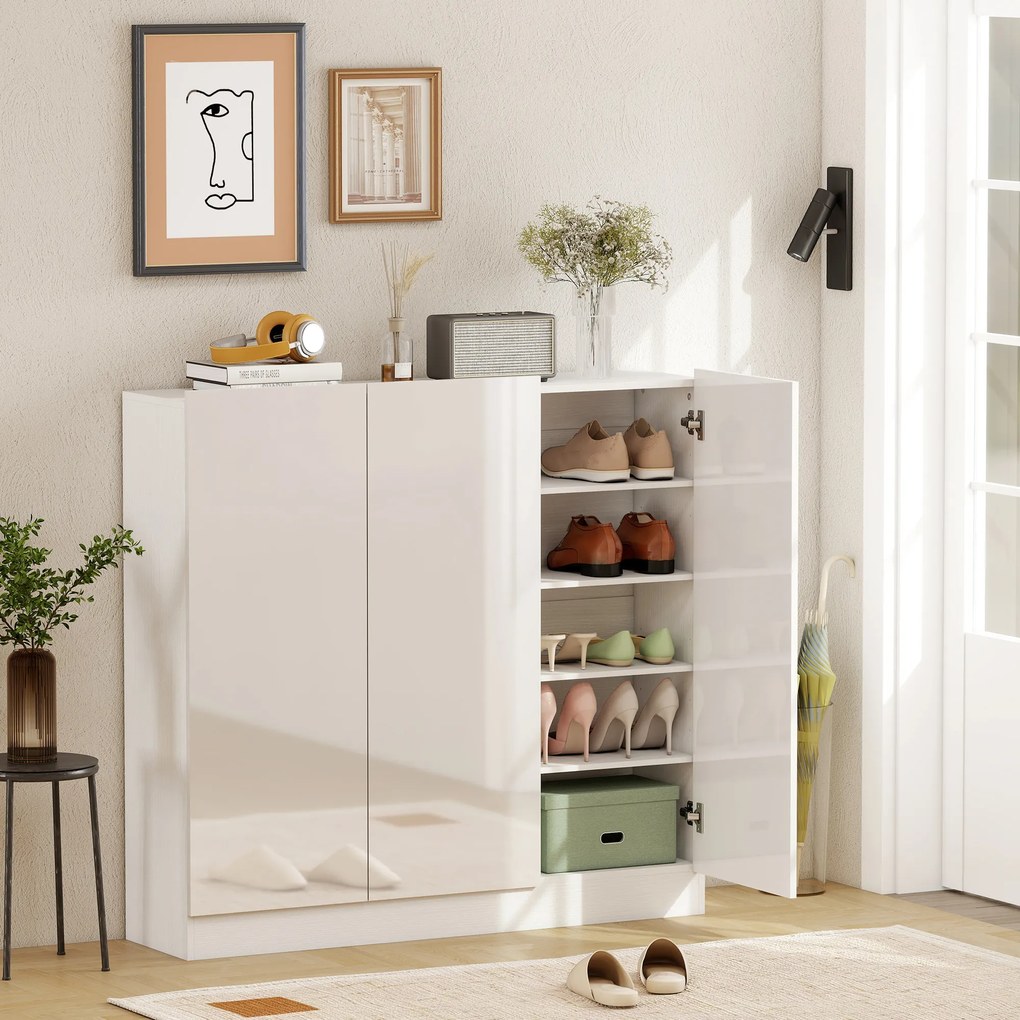 HOMCOM Szafka na buty z 10 półkami na 25-30 par butów, Otwory wentylacyjne, Drzwi z funkcją Soft-Close, MDF, Biały