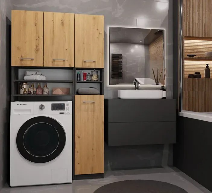 Nowoczesny komplet mebli do łazienki antracyt + dąb artisan P1-H55