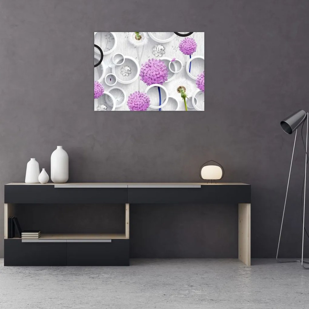 Obraz abstrakcji 3D z kołami i kwiatami (70x50 cm)