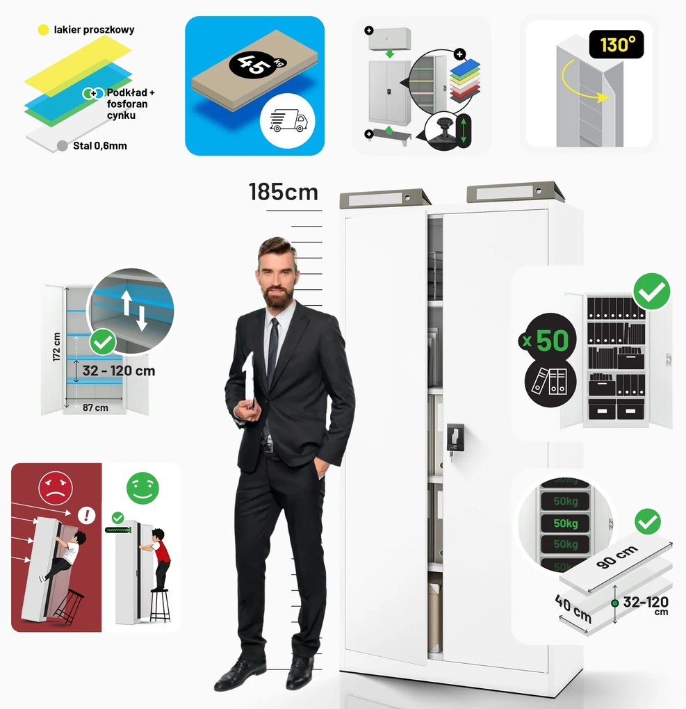 Szafa biurowa na dokumenty biała: JAN, 900 x 1850 x 400 mm