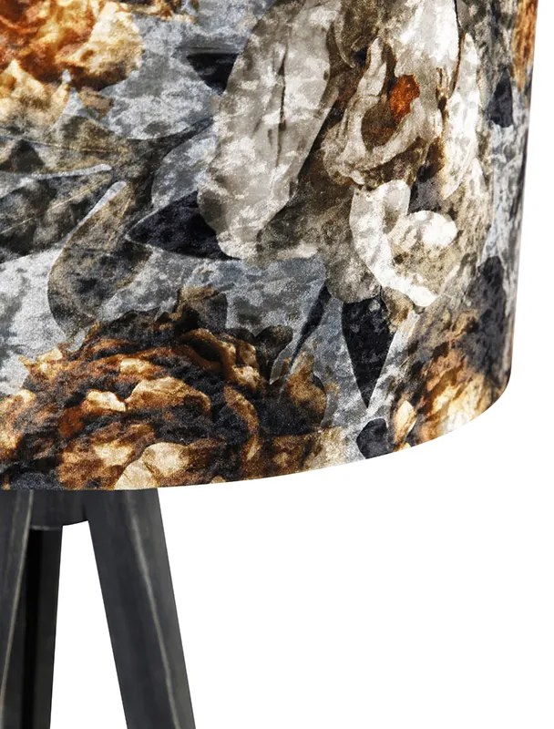 Lampa podłogowa trójnóg czarna z abażurem w kwiaty 50 cm - Tripod Classic klasyczny/Antyczny Oswietlenie wewnetrzne