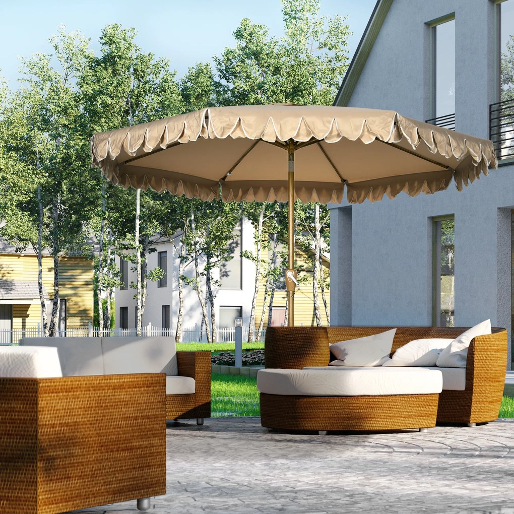 Outsunny Efektowny Parasol z Frędzlami - Nachylany, z Korbką, Khaki, Ø264x240cm - Modna Ochrona