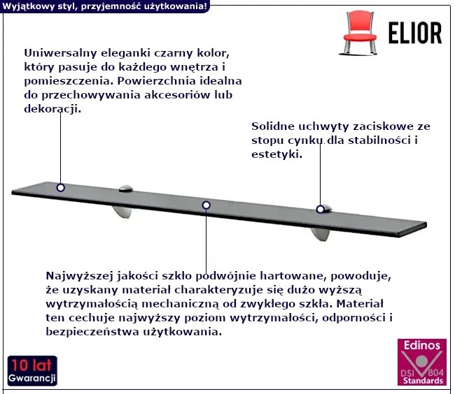 Czarna półka ścienna ze szkła 80x10 Veda