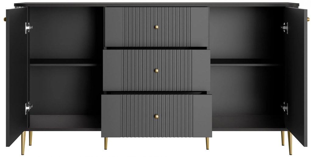Komoda Vesper 160 cm z szufladami na nóżkach - czarny / złote nogi