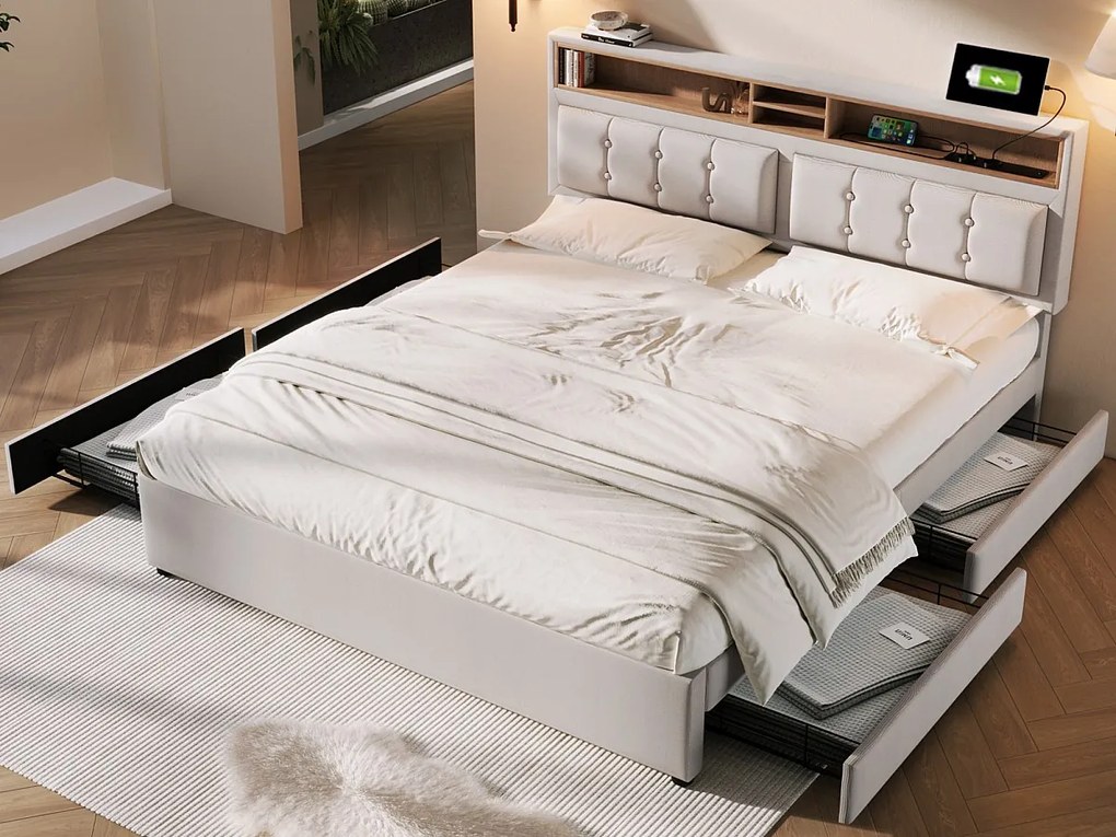 Łóżko małżeńskie 160 x 200 cm z 4 szufladami i gniazdem USB C - regulowany zagłówek - beżowe