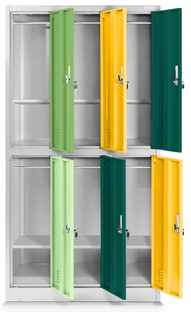 Szafka szkolna BHP szaro-wielokolorowa: 6-komorowa IGOREK, 900 x 1500 x 450 mm