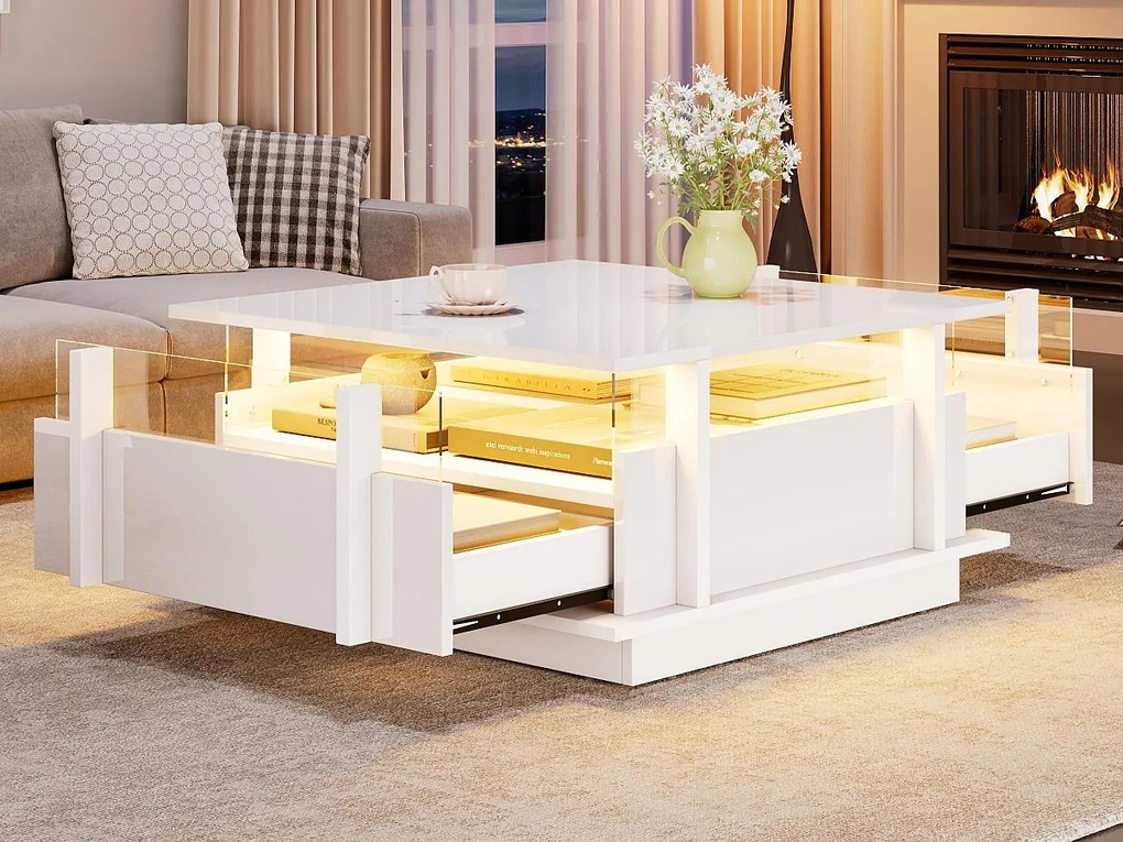 Kwadratowy błyszczący stolik kawowy 70x70x35 cm - z 2 szufladami - oświetlenie LED i półka akrylowa - płyta wiórowa - biały