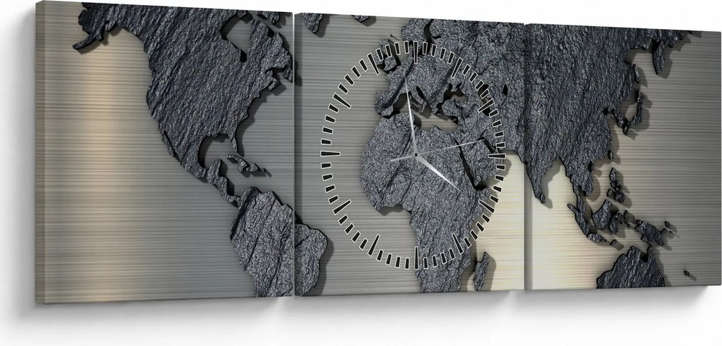 Obraz - Mapa świata w kamiennej teksturze (z zegarem) (90x30 cm)
