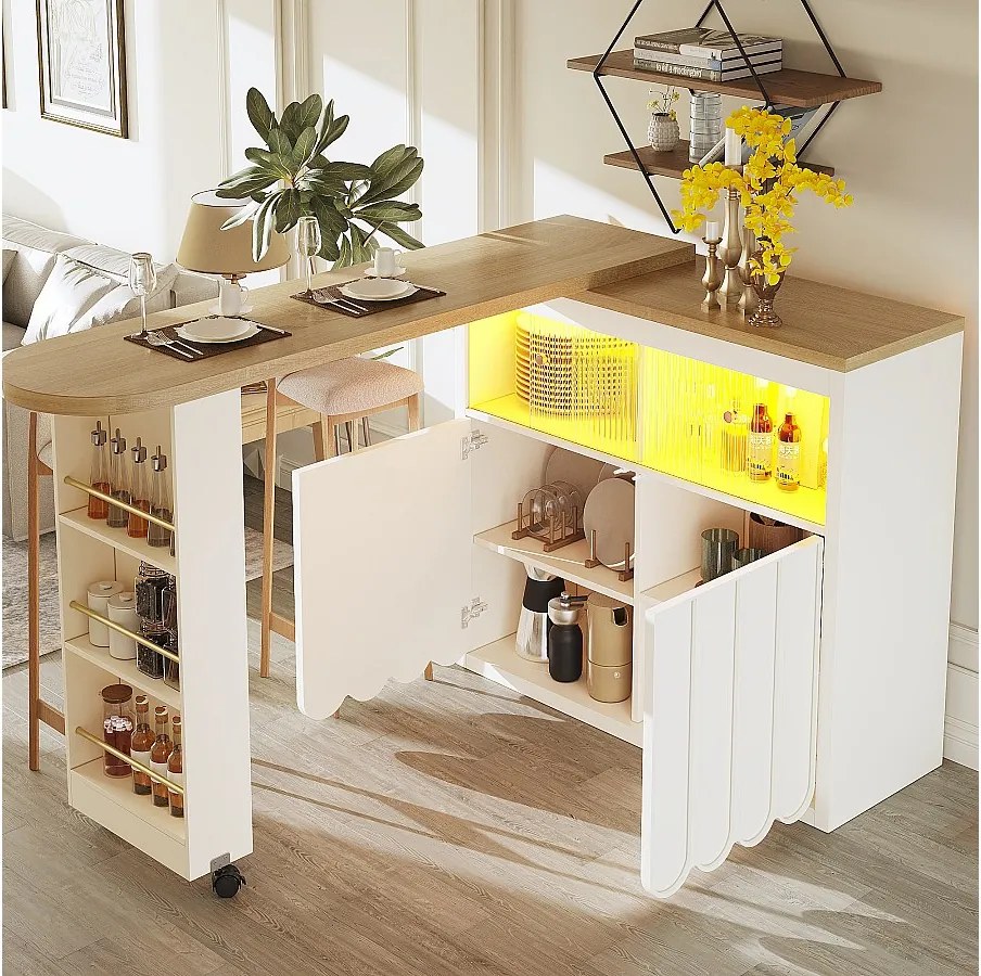 Rozkładany stół barowy z miejscem do przechowywania - 135-205 x 39 x 100 cm - mobilna wyspa kuchenna z diodami LED + 4 drzwi - MDF - biały