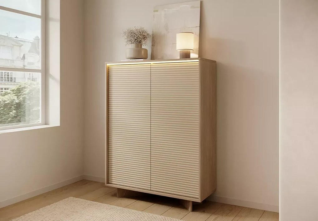 Komoda wysoka Parsja 2D LED – ryflowane fronty, bolivar naturalny / cappuccino, push-to-open