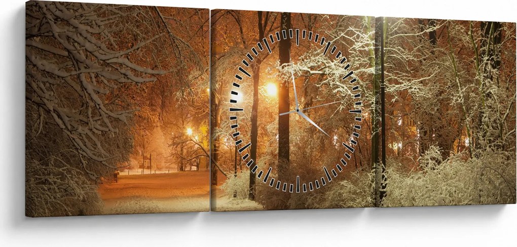Obraz - Zaśnieżony park (z zegarem) (90x30 cm)