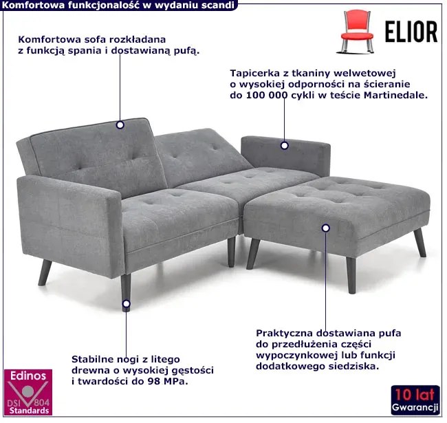 Popielata sofa rozkładana z podnóżkiem - Leris