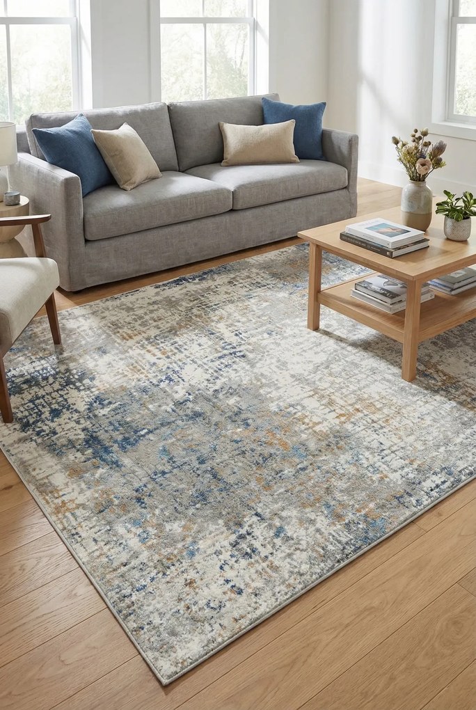 Szaro-niebieski dywan z przecieraną kratką S7-F28