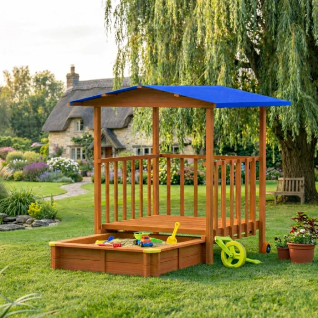 Piaskownica z werandą SUNNY, 130x130x143cm, brązowa/niebieska Jurhan