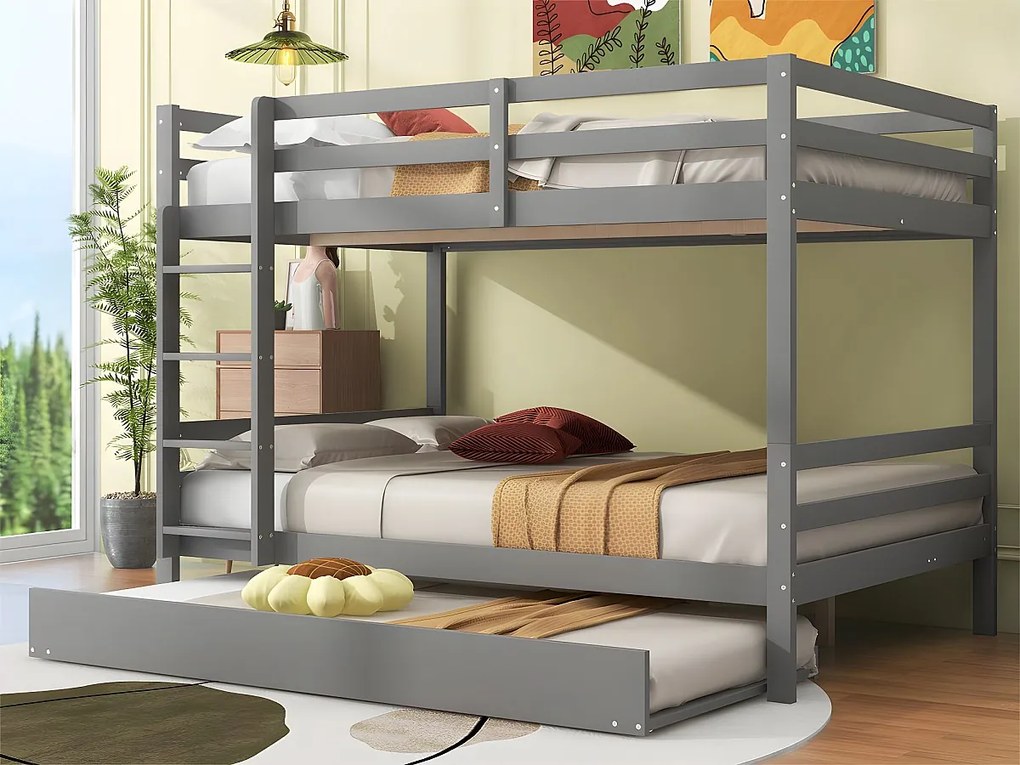 Łóżko piętrowe 2x140x200cm z łóżkiem wysuwanym 90x190cm - z barierką i schodami - Szary