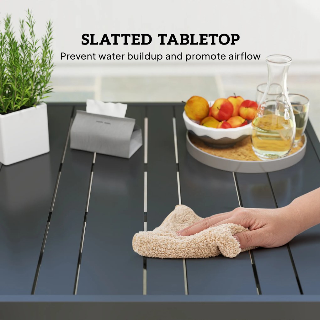 Outsunny Stół Ogrodowy 152x90 cm, Stół Balkonowy Odporny na Warunki Pogodowe, z Otworem na Parasol, Design z Lamelami, Czarny