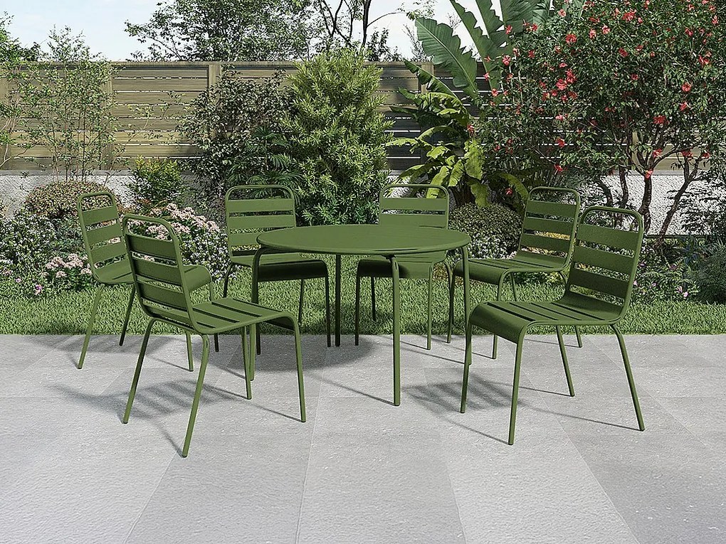 Metalowy zestaw jadalny ogrodowy - okrągły stół śr.130cm i 6 sztaplowanych krzeseł - Kaki - MIRMANDE od MYLIA