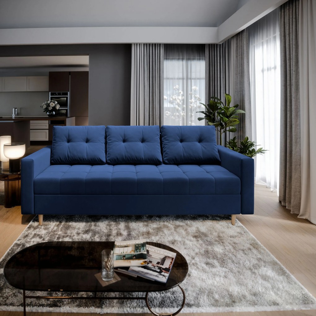 Masseno Sofa MILO z funkcją spania i pojemnikiem na pościel, Rozkładana sofa - Niebieski, KRONOS 09