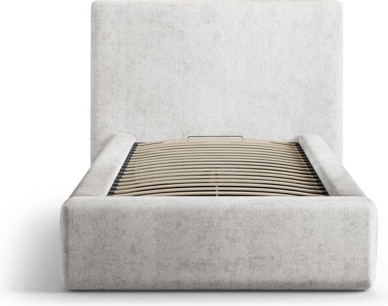Jasnoszare tapicerowane łóżko jednoosobowe ze schowkiem i stelażem 90x200 cm Amy – Micadoni