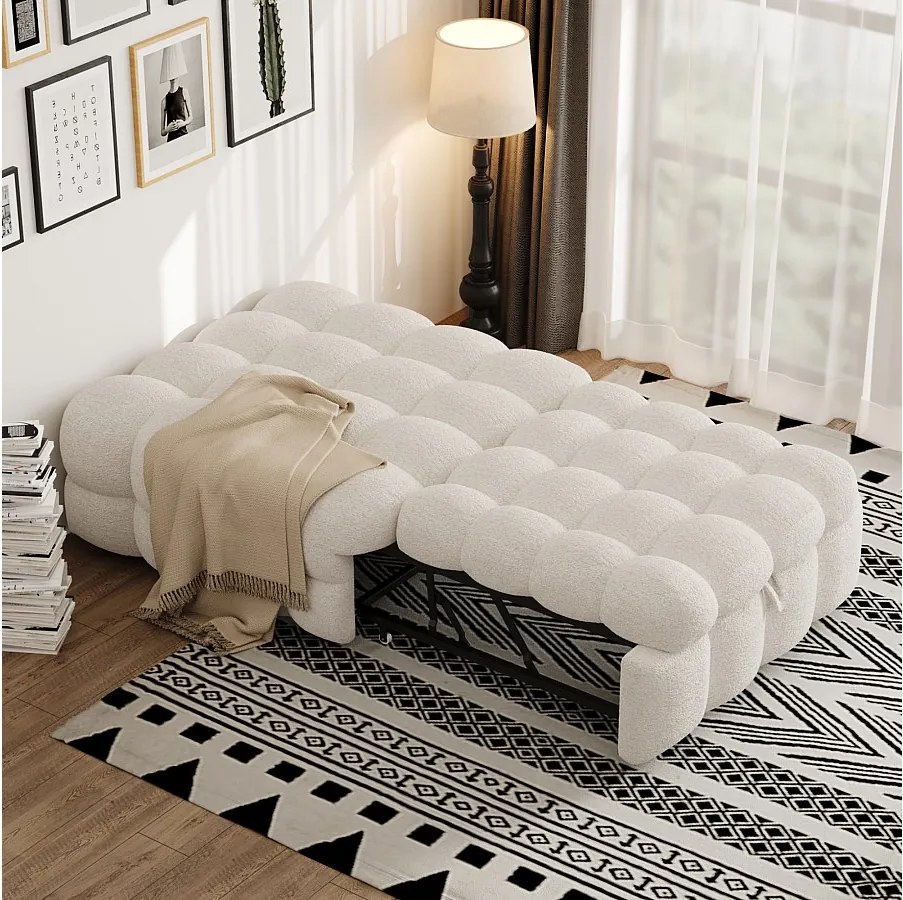 Tapicerowana rozkładana sofa - 70 x 180 cm - Podnóżek 2 w 1 - Tkanina Teddy - beżowy