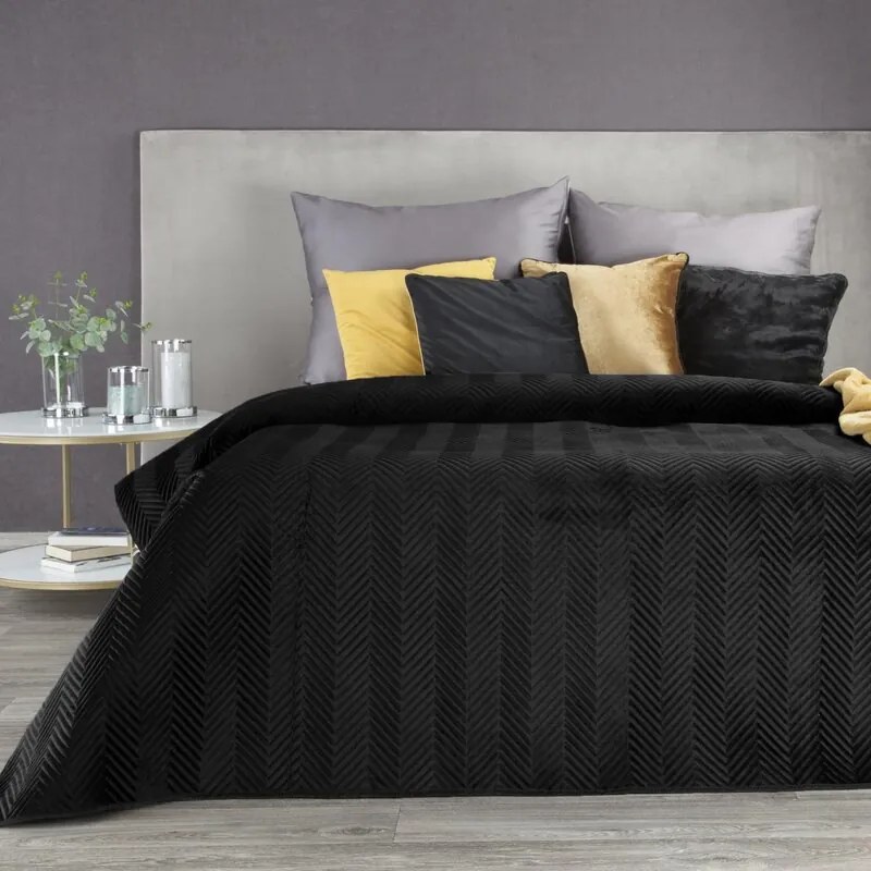 Narzuta na łóżko welwetowa 170x210 cm czarna pikowana w jodełkę