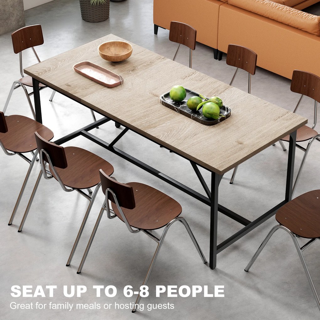 HOMCOM Prostokątny Stół Jadalniany dla 6-8 Osób, Nowoczesny Stół Kuchenny – Blat w Wyglądzie Drewna i Czarne Stalowe Nogi z Regulowanymi Nakładkami, 180 x 80 cm, Naturalny | Aosom PL