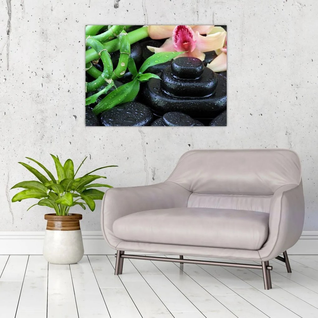 Obraz na szkle - Kamienie i orchidee (70x50 cm)