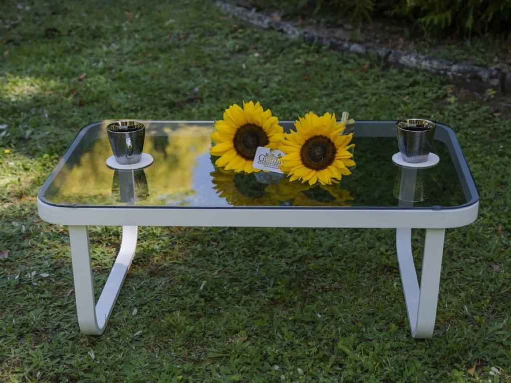 Stolik Kawowy Aluminiowy RARO szklany blat, biały