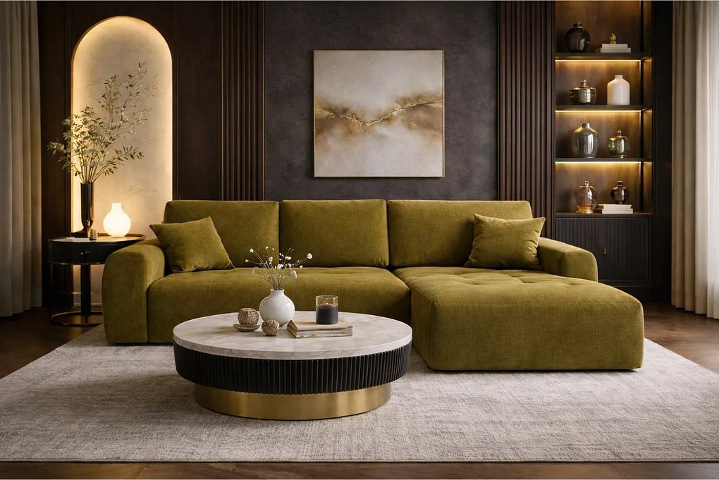 Narożnik w kształcie L z funkcją spania i pojemnikiem Ivo XL, tkanina welurowa Salvador, Oliwkowy, Prawy