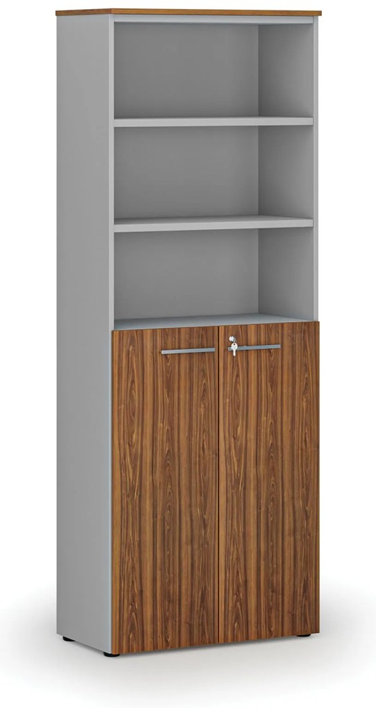 Szafa biurowa kombinowana PRIMA GRAY, drzwi na 3 poziomach, 800 x 420 x 2128 mm, szary/orzech
