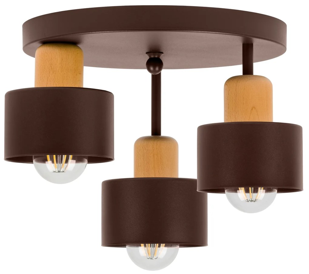 Brązowa lampa sufitowa, trzypunktowy spot DBU3030BR z drewna i metalu