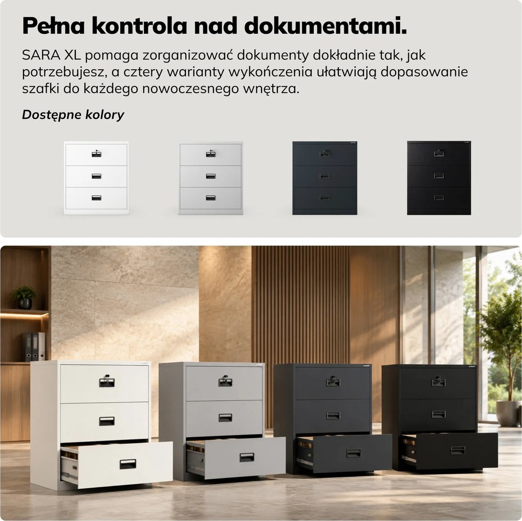 Szafa kartotekowa metalowa z 3 szufladami czarna, 900x1020x600 mm: SARA XL V3