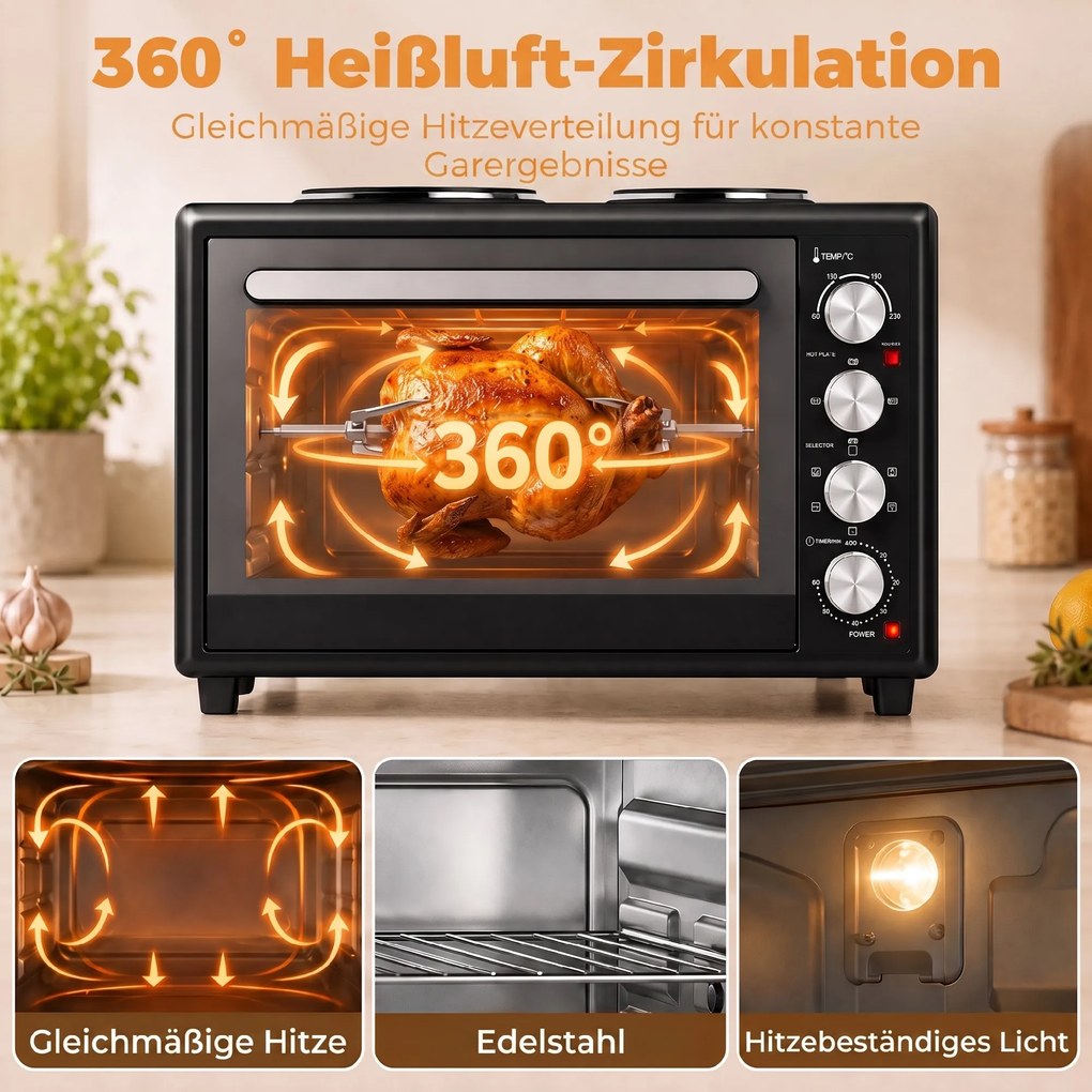 HOMCOM 36 l mini piekarnik z 2 płytami grzewczymi, elektryczny piekarnik stołowy z termoobiegiem, 90–230 °C | Aosom PL