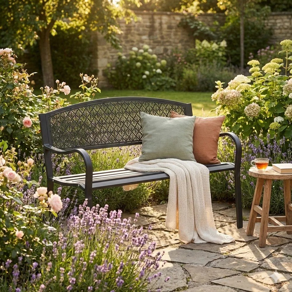 Antracytowa metalowa ławka ogrodowa Lizette – Bizzotto