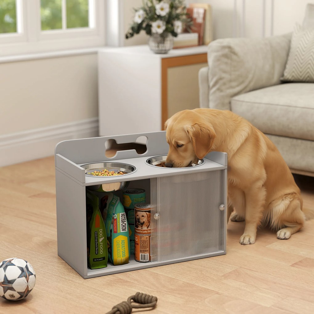 PawHut Podwyższona stacja karmienia z 2 miskami i szafką, MDF, stal nierdzewna, motyw kości, szary