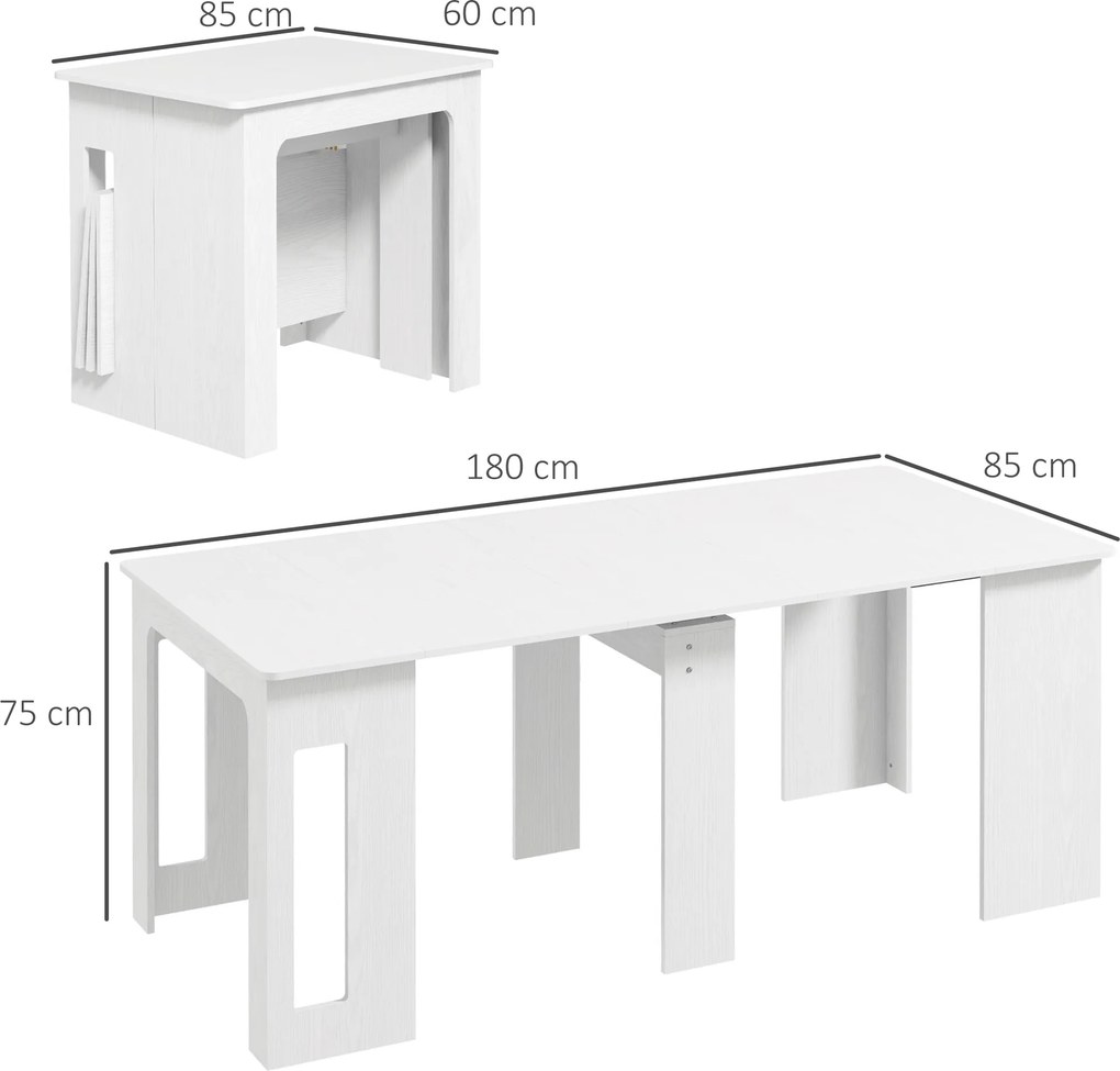 HOMCOM Stół jadalniany, składany stół, rozkładany stół kuchenny, stół jadalniany, płyta wiórowa, 60-180 x 85 x 75 cm, Biały