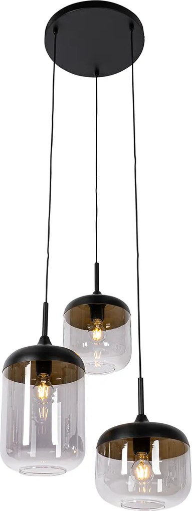 Lampa wisząca czarna ze złotem i przydymionym szkłem 3-światłowa okrągła - Kyan