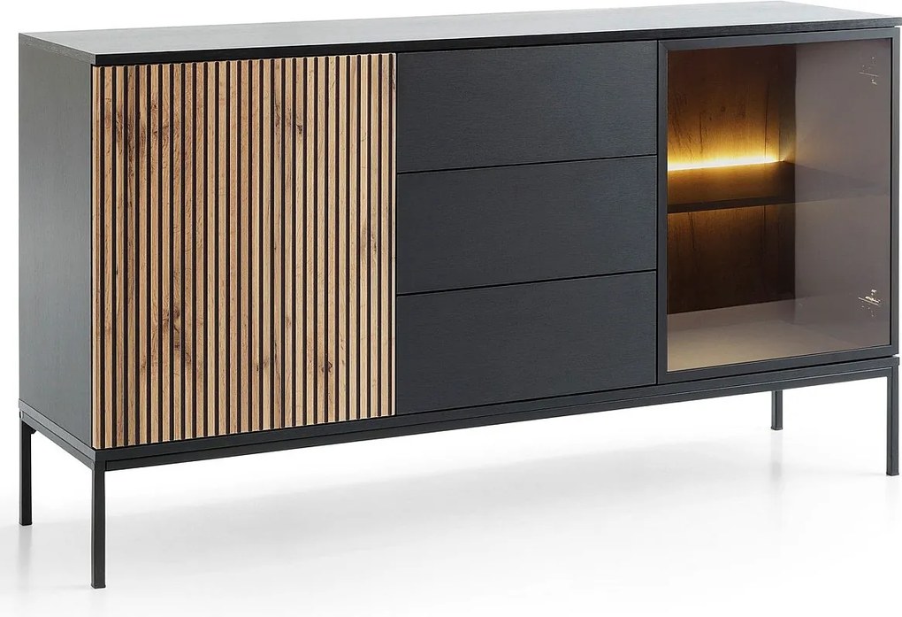 Emporius Haller komoda z szufladami - komoda 150 cm na nóżkach,  dwudrzwiowa z oświetleniem LED, szklane drzwi, lamele