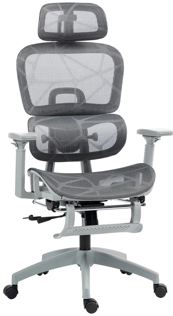 HOMCOM Krzesło biurowe, Ergonomiczne krzesło do biurka z tapicerką z siatki, regulowane, na kółkach, z podłokietnikami, zagłówkiem, Szary