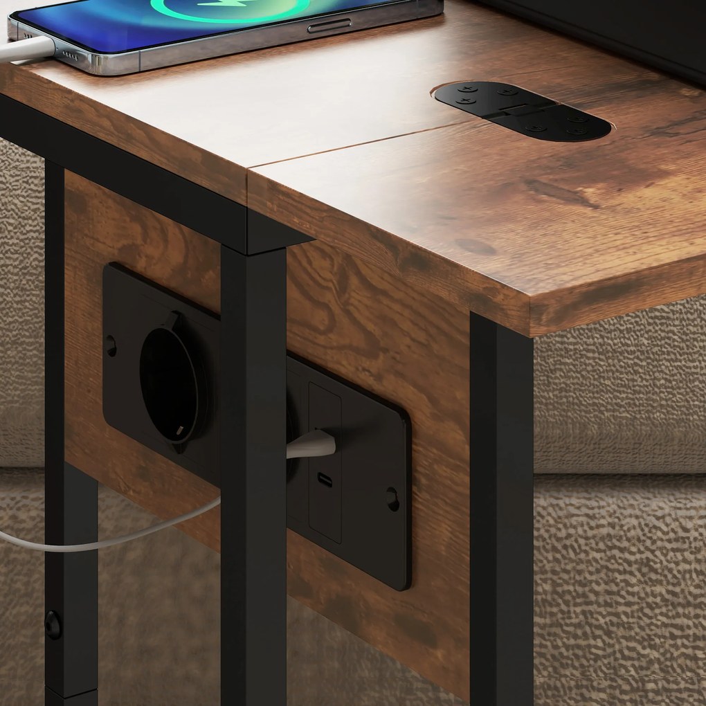 HOMCOM składany stolik boczny, stacja ładująca z portami USB, metal, 39 x 29 x 57 cm, brązowy