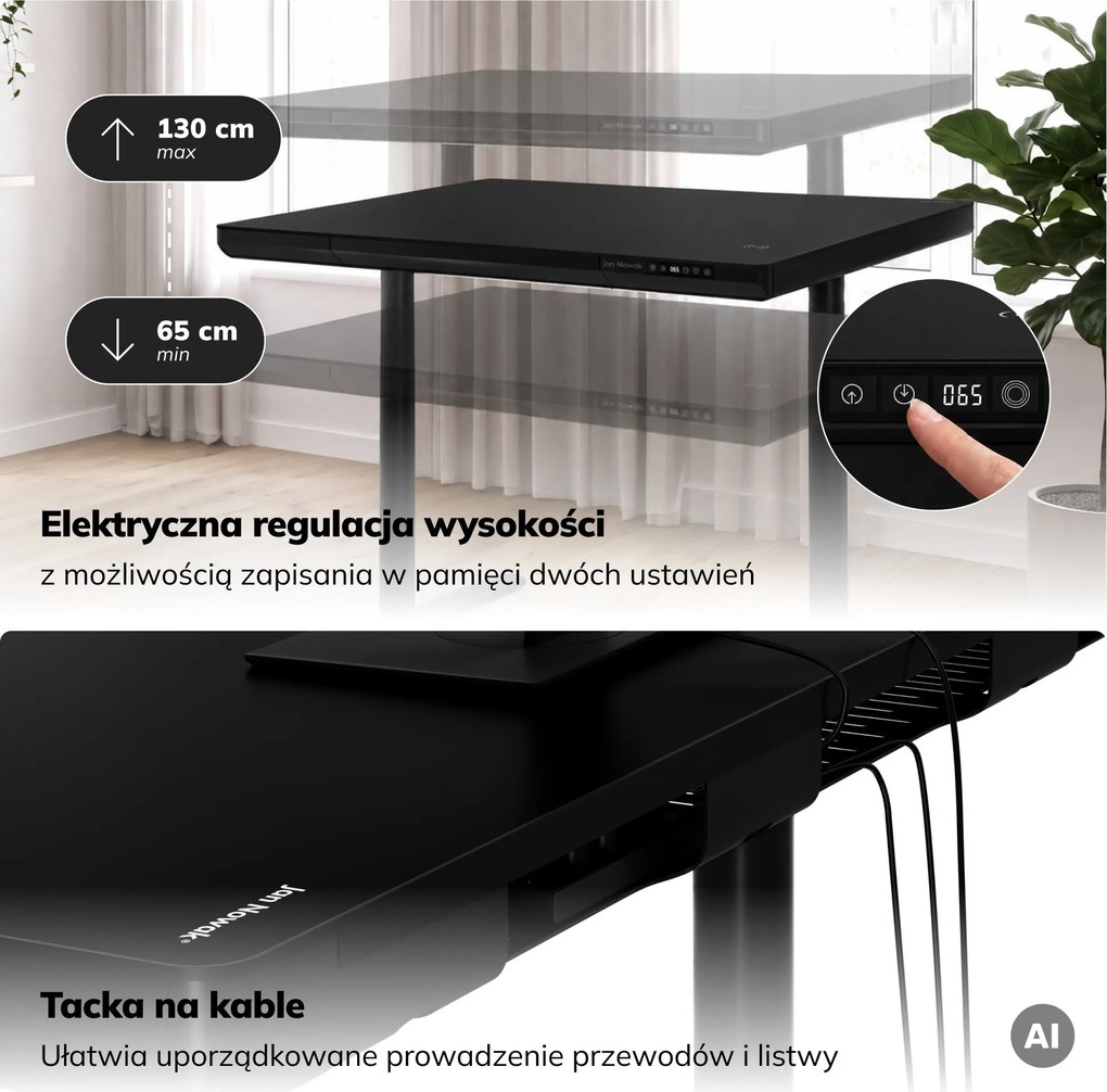Biurko elektryczne sit-stand z szufladą i ładowarką bezprzewodową Qi czarne, 1200 mm: ELLIS