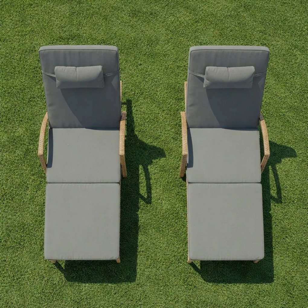 Zestaw 2 leżaków ogrodowych technorattan Ravello, naturalny, poduszki szare