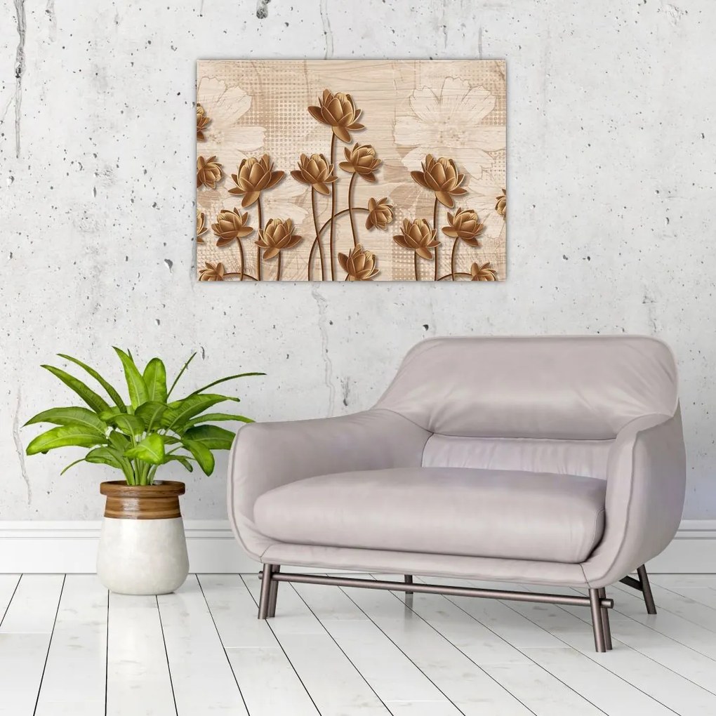 Obraz na szkle abstrakcji kwiatowej - brązowy (70x50 cm)