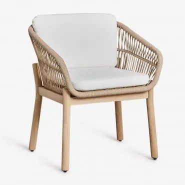 Krzesło Ogrodowe Z Podłokietnikami Z Drewna Akacjowego I Plecionego Sznurka Karvia Jasny Akacjowy Brąz & Tkaniny Biała - Sklum