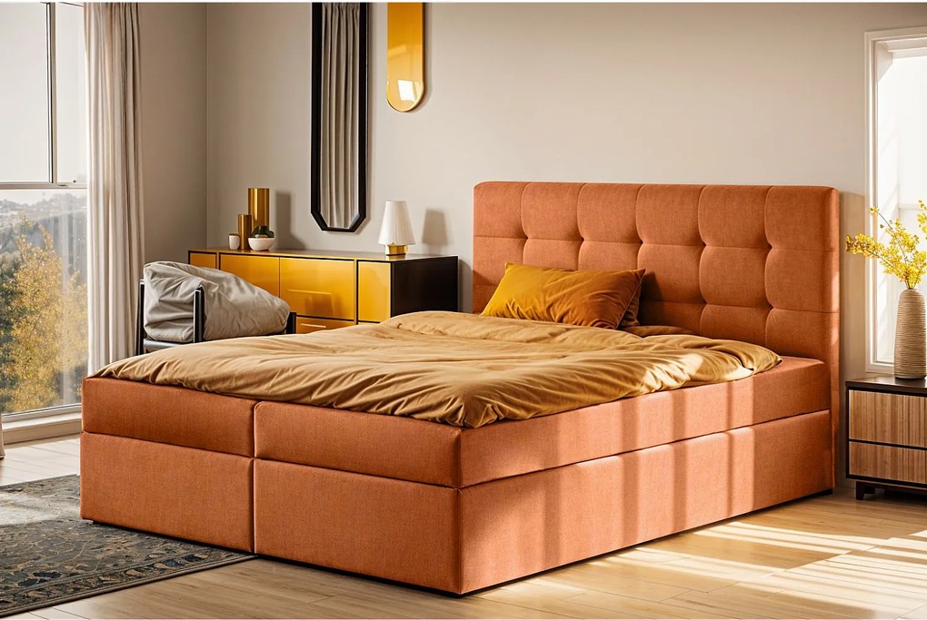 Łóżko kontynentalne z materacem i pojemnikiem LUDANO, tkanina Noel, Pomarańczowy, 160x200 cm, H3-Bonell