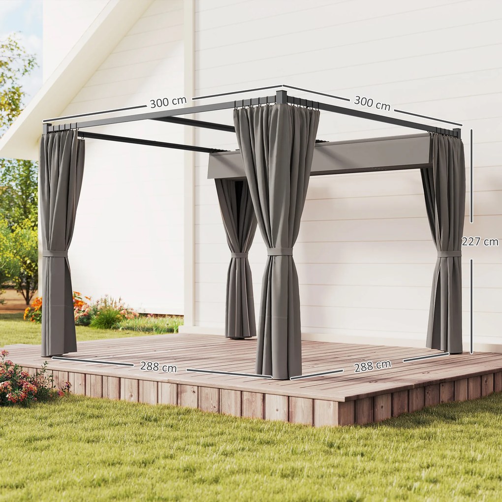Outsunny pergola ogrodowa 3x3 m wolnostojąca z przesuwanym dachem ścianki boczne daszek na taras UV jasnoszary | Aosom PL